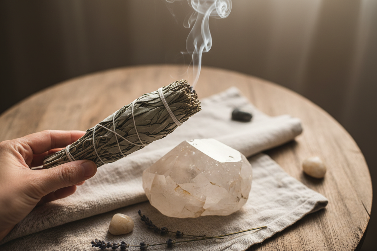 purification d'une pierre naturelle à la sauge blanche